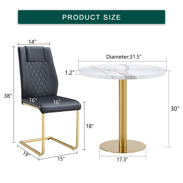 English Elm Table 31.5-Inch Round Dining Set With Elegant White Marble Top & 4 Black Pu Chairs, Gold Legs W1151S02492-GIGA