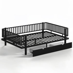 English Elm Queen Storage Platform Bed Low Profile Metal Frame with Built-in Drawers for Small Spaces Black W5305P471352