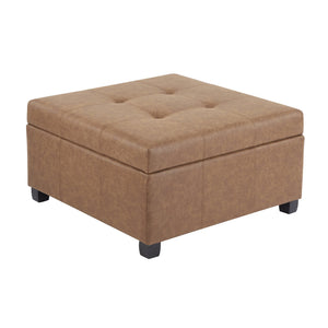 English Elm 35" Waffle-tufted Faux Leather Lift-top Ottoman with Hidden Storage and Birch Legs N767P356738B