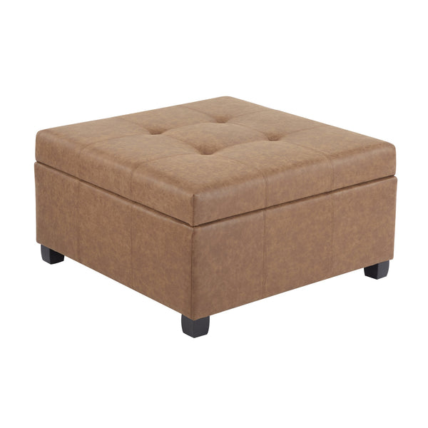 English Elm 35" Waffle-tufted Faux Leather Lift-top Ottoman with Hidden Storage and Birch Legs N767P356738B