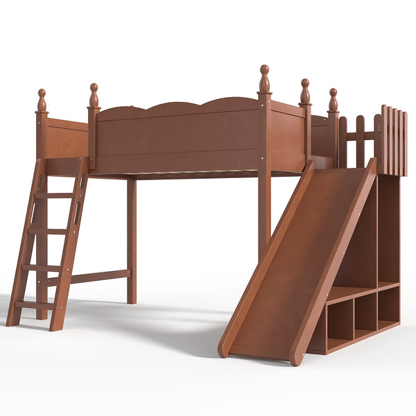 English Elm Twin Loft Bed Solid Pine Frame with Wardrobe Shelving Detachable Slide Kids Room Antique Natural W5305S00020