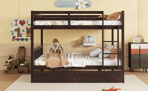English Elm Full Full Over Full Rubber Wood Bunk Bed With 2 Storage Drawers, Convertible Into 2 Separate Beds, Espresso W504S00196