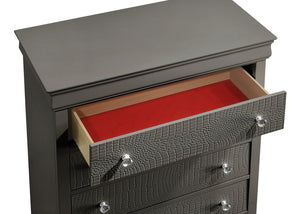 English Elm Blaze Modern 5-Drawer Chest In Metallic Gray With Velvet-Lined Top Drawer & Crystal Knobs For Style B009P286645
