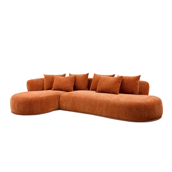 English Elm Modern L Shape Sectional Sofa 134.6" Modular Curved Chaise 6 Pillows PU Leather Base Orange W3208S00005