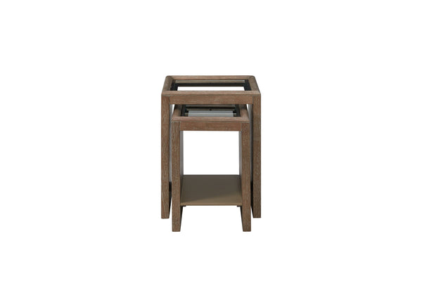 English Elm Nesting Tables with Tempered Glass Tops Cocoa – Space-Saving Rustic Wood Finish, Lower Shelf Storage B2699P323119