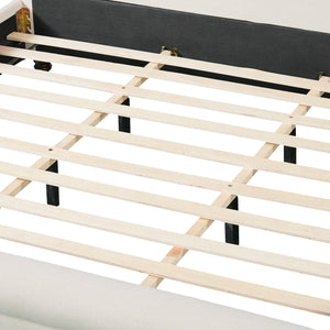 English Elm King Upholstered Bed Linen Fabric Rolled Headboard Rubberwood Legs Primary Bedroom Beige N757K384825I