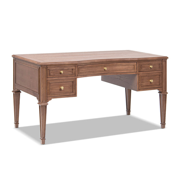 English Elm Jennifer Taylor Home - Dauphin Elegant Gold-Trim 5-Drawer Executive Desk in Ash Wood Veneer with Soft-Close Storage Appeal Brown B2719P408078
