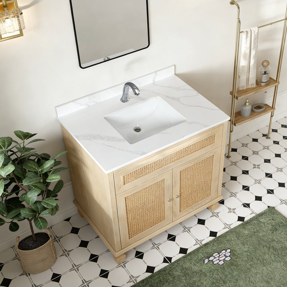 English Elm 37-inch Carrara Quartz Vanity Top Undermount Sink Marble Veined Stain Resistant Bath W2699P459405