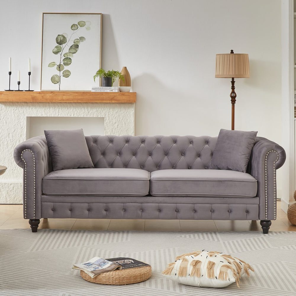 English Elm Fx Velvet Chesterfield 3-Seater Sofa With Rolled Arms & Cushions - Elegant Living Room Seating Solution W1926S00063