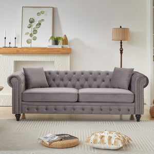 English Elm Fx Velvet Chesterfield 3-Seater Sofa With Rolled Arms & Cushions - Elegant Living Room Seating Solution W1926S00063