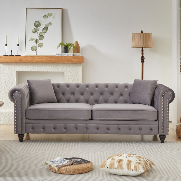 English Elm Fx Velvet Chesterfield 3-Seater Sofa With Rolled Arms & Cushions - Elegant Living Room Seating Solution W1926S00063