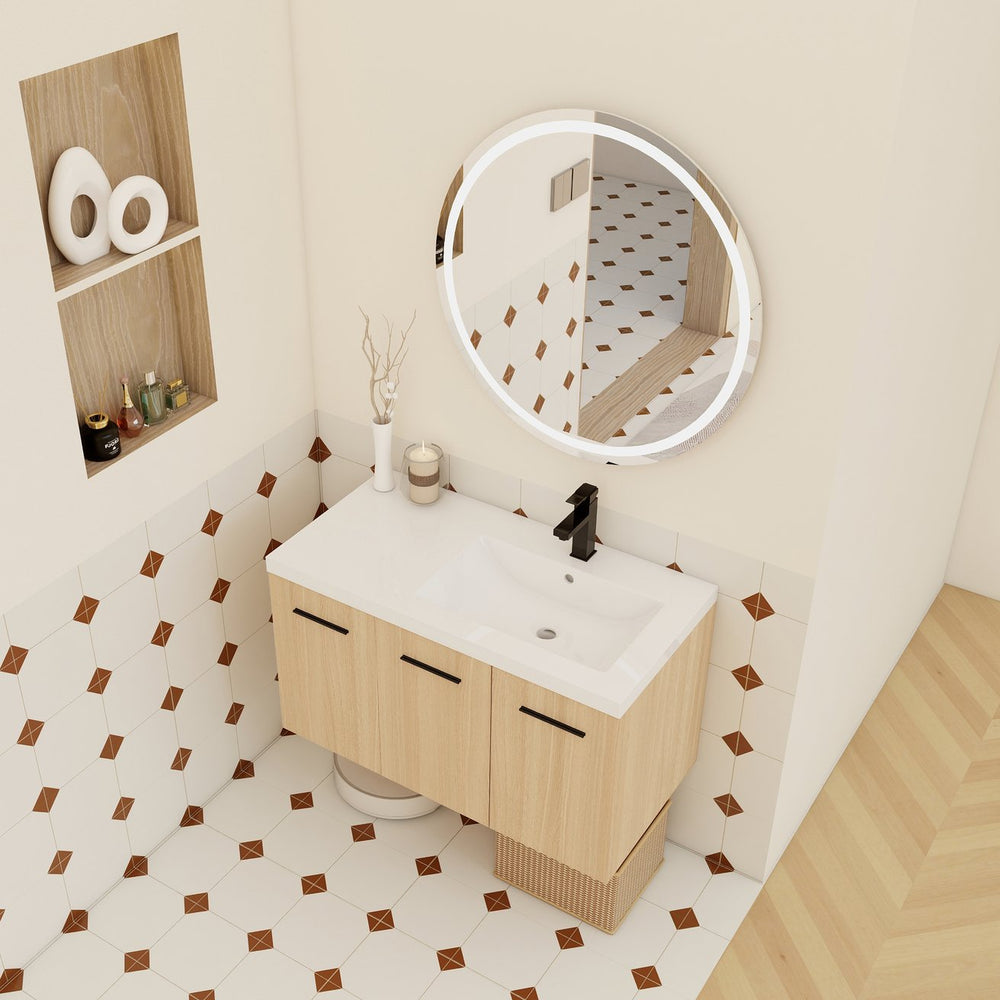 English Elm 36" Floating Bathroom Vanity Light Oak Modular Cabinet with Gel Coat Integrated Sink W3450S00082