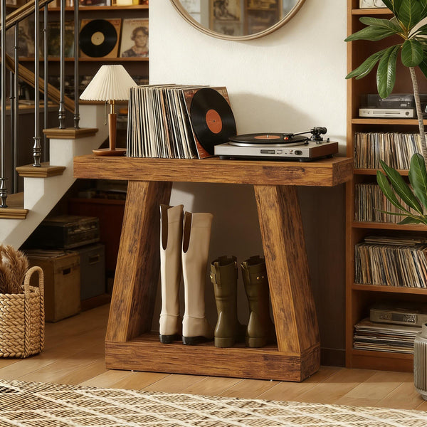 English Elm Rustic Dark Brown Console Table with Open Shelf Narrow Entryway Sofa Stand T3971P492204
