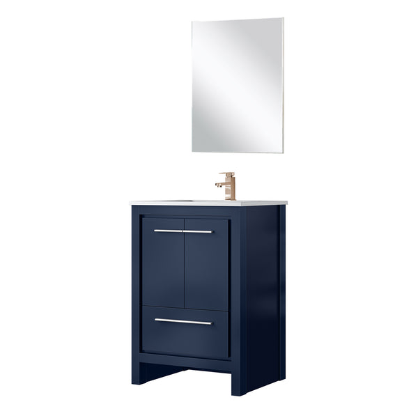 English Elm Navy Blue Bath Vanity Set With White Quartz Top, Rose Gold Faucet & 18 In. Coordinating Mirror B2731S02026