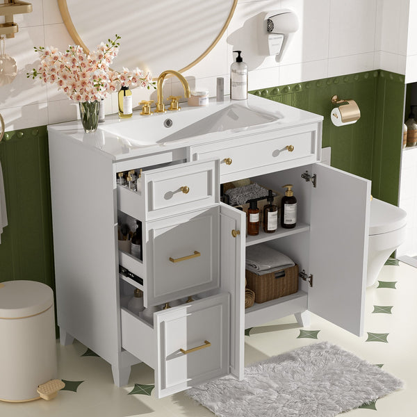 English Elm 36" Modern Bathroom Vanity with Ceramic Sink, Soft-Close Doors, Double-Layer Drawer & Storage Elegance White N729P289163K