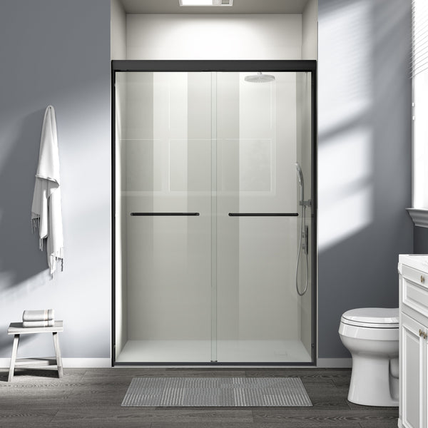 English Elm 44" Semi-frameless Double Sliding Shower Door Brushed Gold Tempered Glass Walk-in Matte Black W1920P385318