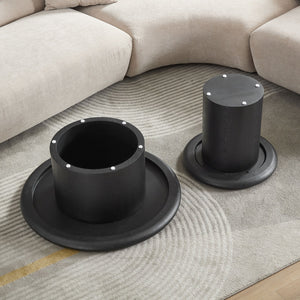 English Elm 2-piece Nesting Round Coffee Table Set Wood Veneer Sculptural Living Room Accent Black W2582S00185