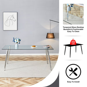 English Elm Modern Tempered Glass Dining Table Seats Six with Sleek Silver Legs for Open Spaces W1151S03176