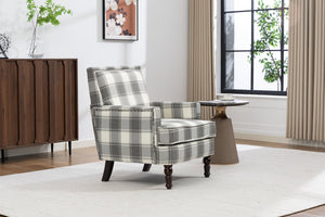 English Elm Upholstered Vintage Armchair Striped Linen Nailhead Trim Turned Legs Living Room W2530P430690