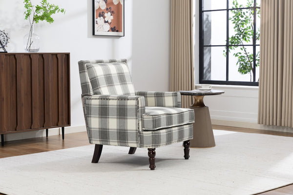 English Elm Upholstered Vintage Armchair Striped Linen Nailhead Trim Turned Legs Living Room W2530P430690