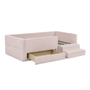 English Elm Twin Boucle Upholstered Kids Bed with Guardrails Built in Storage and Cushioned Step Stool Pink W1413P433365
