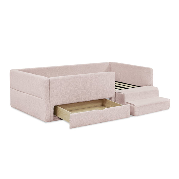 English Elm Twin Boucle Upholstered Kids Bed with Guardrails Built in Storage and Cushioned Step Stool Pink W1413P433365