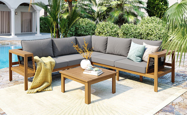 English Elm <old Old Sku Acacia Wood L-shaped Patio Sectional with Woven Rope Armrests Resort Cushioned Set Gray,Natural N704F201249E