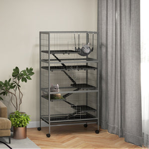 English Elm PawHut 63" 6-Tier Small Animal Habitat with Hammock, Heavy-Duty Steel Cage, Wheels & Removable Tray Gray W2225P217534
