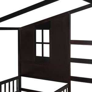 English Elm Wood House Bed L-shaped Twin Frame Pinewood Kids Room Peaked Roofline Espresso Finish LP001345AAP