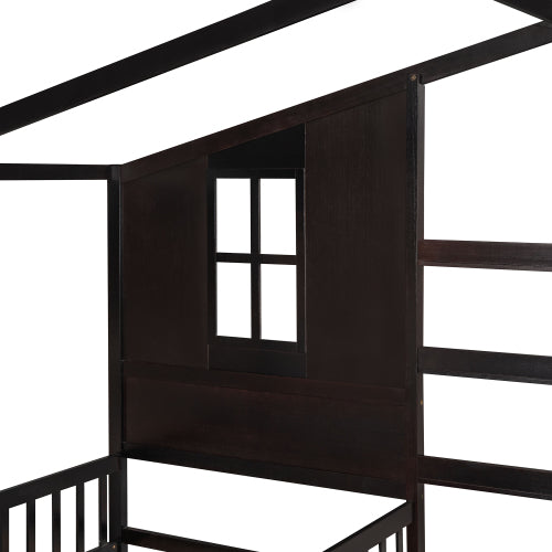English Elm Wood House Bed L-shaped Twin Frame Pinewood Kids Room Peaked Roofline Espresso Finish LP001345AAP