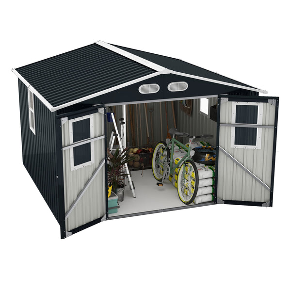 English Elm Outdoor Metal Storage Shed 8x8 Ft with Four Windows and Lockable Double Doors Dark Gray W1598S00041