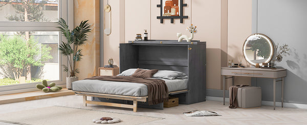 English Elm Queen Murphy Wall Bed with Rattan Panel Cabinet and Storage Drawers for Studio Rooms Gray LP000676AAE