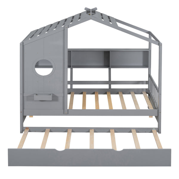 English Elm Wooden Twin House Bed with Trundle and 3 Back Shelves, Pine Frame Playful Loft Design for Kids Gray 41.7 L x 16.25 W x 6 H N733S316110E