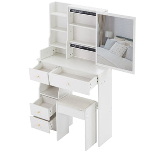 English Elm 29.2" Compact Vanity Set With Sliding Mirror, Cushioned Stool, And Multi-Layer Storage For Small Spaces W3258P299609