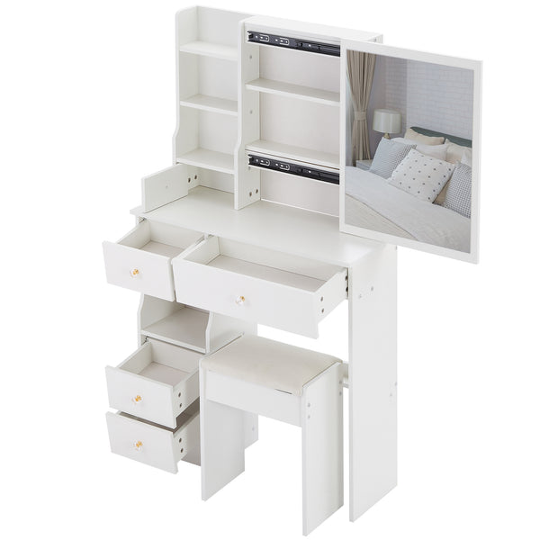 English Elm 29.2" Compact Vanity Set With Sliding Mirror, Cushioned Stool, And Multi-Layer Storage For Small Spaces W3258P299609