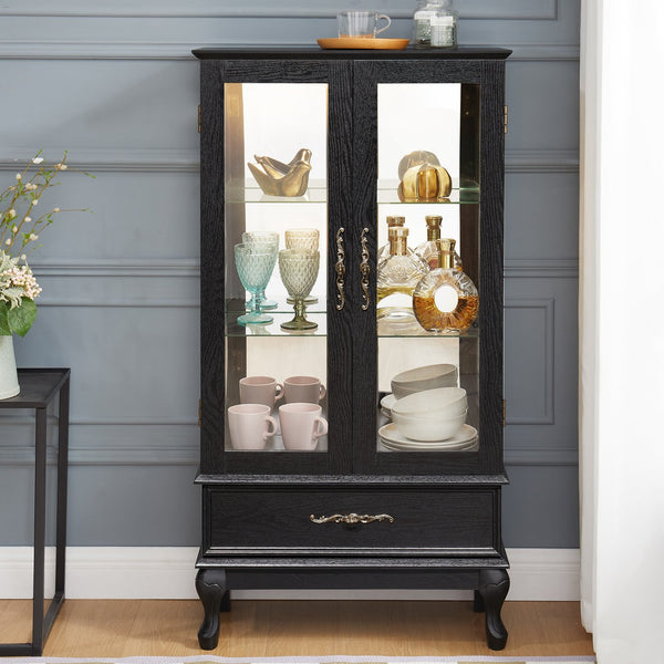 English Elm Lighted Curio Cabinet with Vintage Carved Handles, LED Display, Adjustable Shelves & Hidden Drawer 40" W2275P389711