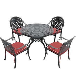 English Elm 5-Piece Cast Aluminum Patio Set With Red Cushions - Stylish Outdoor Dining For 4, Space-Saving Design W1710S00064