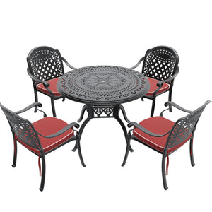 English Elm 5-piece Cast Aluminum Outdoor Dining Set with Carved Floral Frame and Weather-proof Cushions W1710S00547