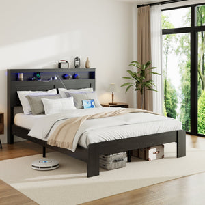 English Elm Bed Frame Queen Size With Storage, Led Headboard & Usb Charging - Easy Assembly, Noise-Free Design! W636P265339