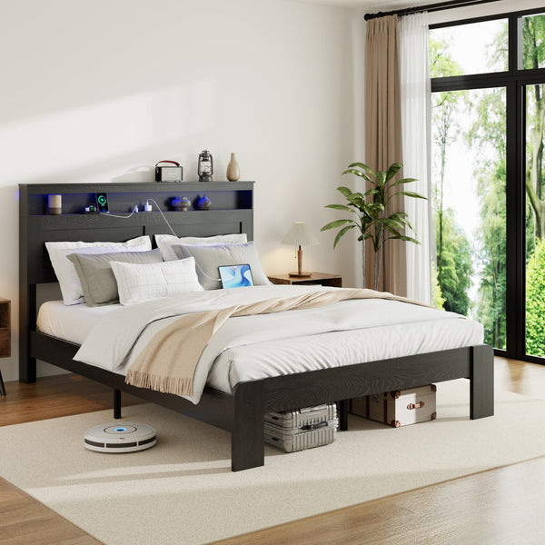 English Elm Bed Frame Queen Size With Storage, Led Headboard & Usb Charging - Easy Assembly, Noise-Free Design! W636P265339