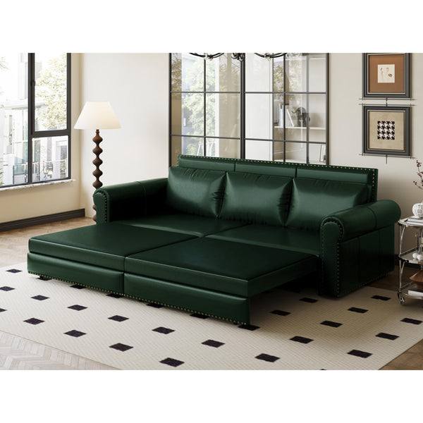 English Elm Chesterfield Sofa: 3-In-1 Faux Leather Convertible Sleeper Bed With Nailhead Trim & Comfort Pillows W1885S00105