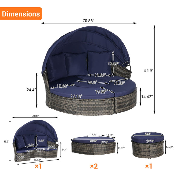 English Elm 5 Piece Outdoor Wicker Daybed Set with Retractable Canopy and Quick Dry Cushions Dark Blue W874S00037