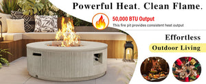 English Elm U_style Round Mgo Propane Fire Pit 50000 Btu Sculptural Outdoor Patio Table with Lava Rocks Beige N711P410549A