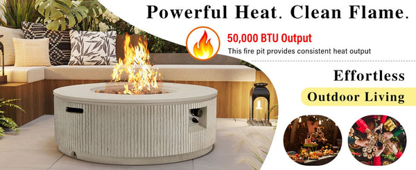 English Elm U_style Round Mgo Propane Fire Pit 50000 Btu Sculptural Outdoor Patio Table with Lava Rocks Beige N711P410549A