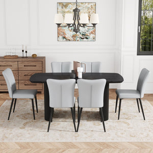 English Elm Table Set: Modern Black Wood Grain Mdf Dining Table With 6 Stylish Light Gray Pu Chairs For Luxury W1151S04184-GIGA
