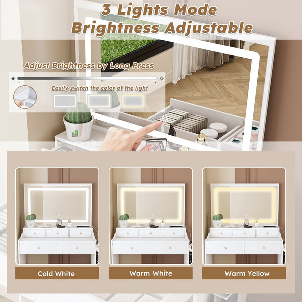 English Elm New Large Mirror Vanity Desk with 5 Drawers, Built-In Outlet & Hairdryer Holder, 3-Mode LED Lighting White W509P339034