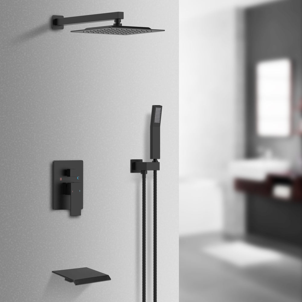 English Elm Rain 10-Inch Square Shower System with Waterfall Tub Spout, Handheld Sprayer, Pressure-Balanced Valve Combo Matte Black T3177P269099
