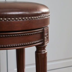 English Elm 26in. Faux Leather Swivel Barstool Nailhead Trim Carved Wood Counter Height Kitchen B2751P436436