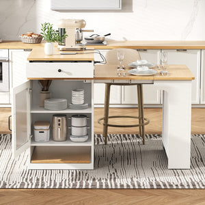 English Elm K&K Modern Extendable 59.5" Kitchen Island with Double-Sided Storage, Power Outlet & Casters White N707S000017W