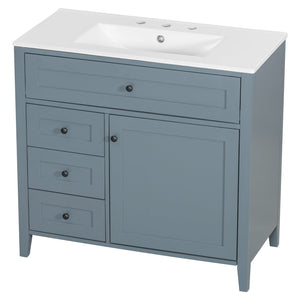 English Elm 36-Inch Blue Gray Modern Bathroom Vanity With Durable Rubberwood Cabinet, Sink & 3 Drawers For Storage N725P350821E